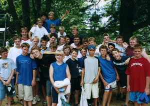 Josh with his entourage, former campers and counselors who spent summers with him as a counselors.  Taken in 2000.