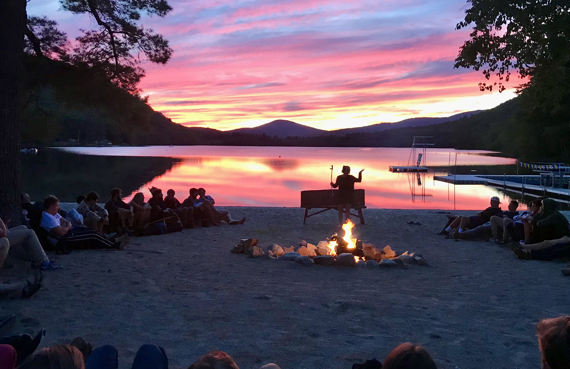 campfire during sunset at Camp Pemi